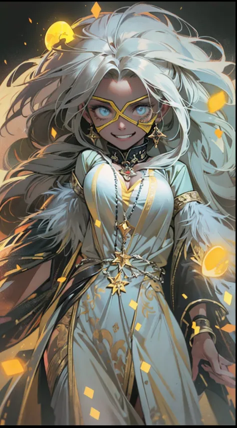 (1 beautiful woman)、(abnormally large breasts)、(Witch Costume:1.0)、(Yellow aura emanating from clothes:1.5)、(White hair)、(an eye patch:1.3)、(30-years old)、(confident grin:1.2)、(Dark hair)、(Top image quality)、(8K picture quality)、(masutepiece)、(Full body ph...