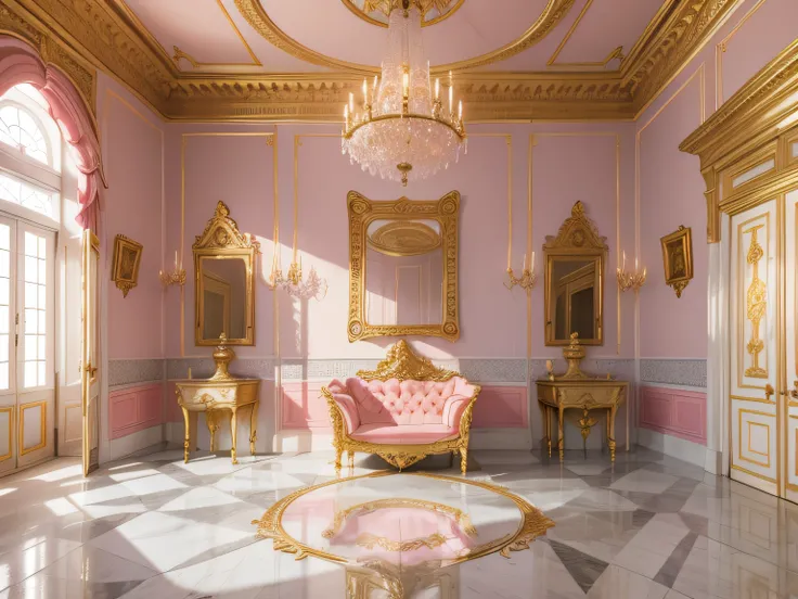 The throne room of a Moroccan castle Versailles style,Marble floor,pink walls,Golden Chandelier,Golden statue,Fanning photography.wide-angle lens,No windows,