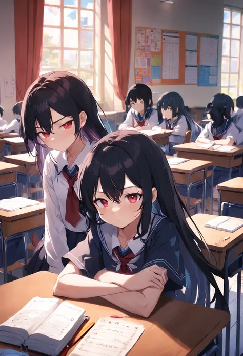 two guys，Black and red long hair sitting in classroom anime girl wearing school uniform，Sleep on the table，Next to her is a person with short black hair，Anime boy in school uniform，There are stacked books in front，The sun is shining outside the window