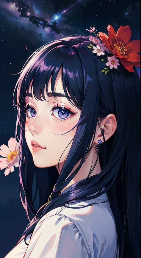 Half of the face of a Korean girl, Features realistic stroke styles and pastel colors using a purple and blue palette, With cosmos as a background and stars.