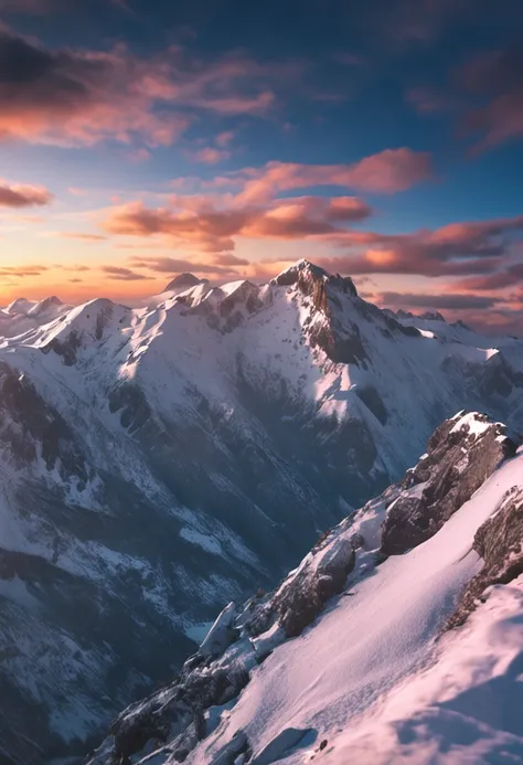 Drone photographs stunning snow-capped mountain tops，k hd，Blue sky