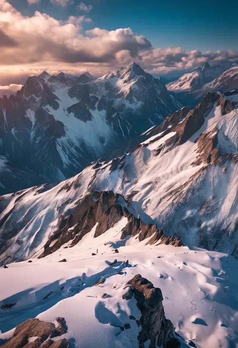 Drone photographs stunning snow-capped mountain tops，k hd，Blue sky