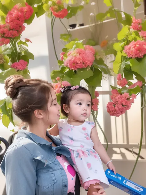 there is a woman holding a baby and a toothbrush in her hand, with ivy, flowers on heir cheeks, with flowers, with a kid, photo taken with canon 5d, flowers in background, 2 years old, taken with sony alpha 9, taken with canon eos 5 d mark iv, shot with ip...