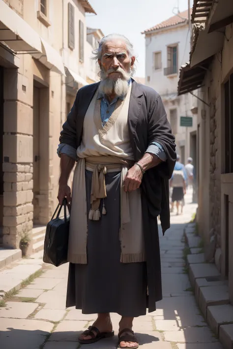 old Greek philosopher in torn clothing ancient city in a busy street portrait picture