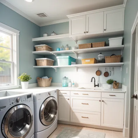 white cabinets in laundry room with Shelves and Pegboard Inserts