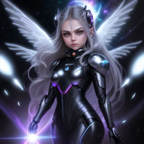 Alien appearanceMila Kunis as a preteen kitten fairy goth futuristic robot in a spacecraft traveling through space. vivid silver, black colors., looking at viewer, realistic, masterpiece, highest quality, backlighting, (lens flare:1.1), (bloom:1.1), (chrom...