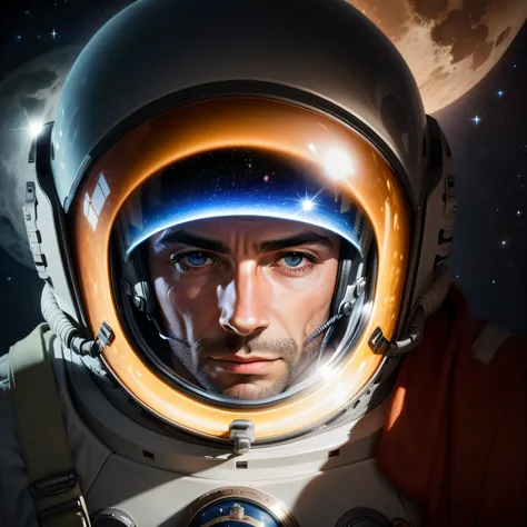 olhar de homem dentro de uma capacete de astronauta, refletindo a lua, cenario escuro laranjado.