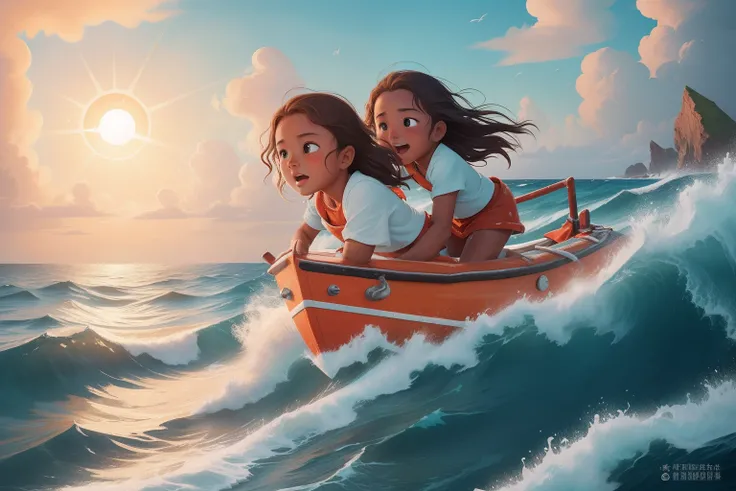 In the midst of a tempestuous sea, a character with sun-kissed skin clings to a lifeboat, their face marked by the indomitable will to survive against all odds, their saltwater-soaked hair clinging to their cheeks.