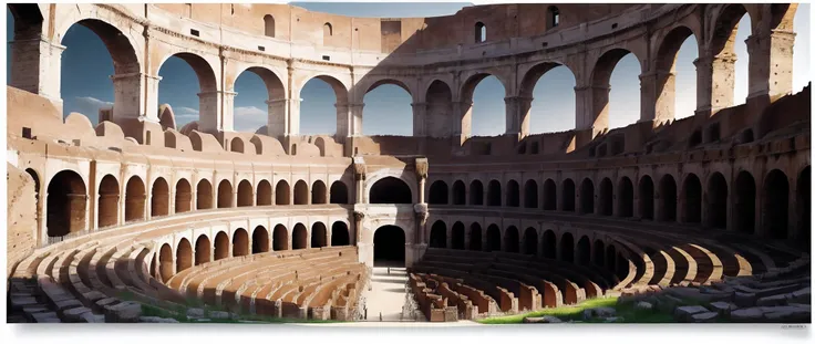 An award-winning color photograph of the Roman Colosseum, bathed in the golden glow of the setting sun, radiating a timeless grandeur. Drawing inspiration from the striking architectural compositions of Ansel Adams and the vibrant color palettes of Vincent...