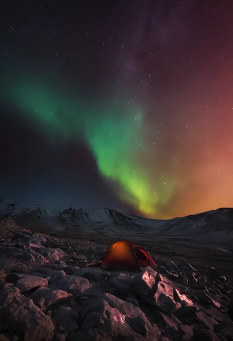 Noite escura, aurora boreal no horizonte, Montanha nevada, noruega, Thunder in the foreground, Silhouette of man with axe in one hand