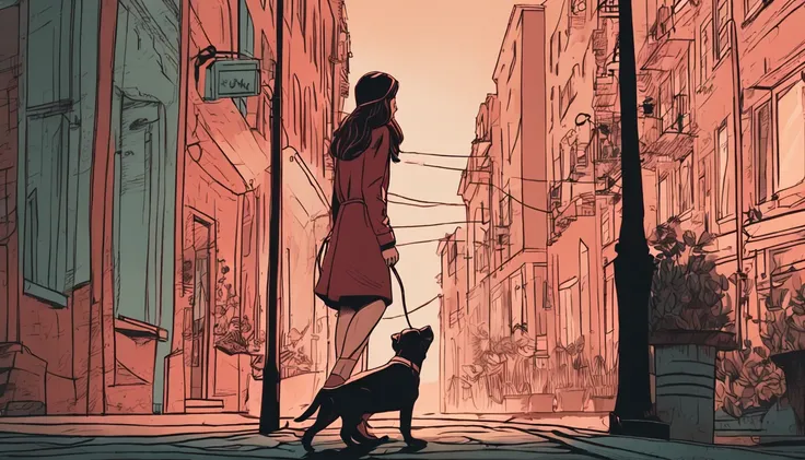 A girl leads a dog standing next to an electric lamppost，hand painted style