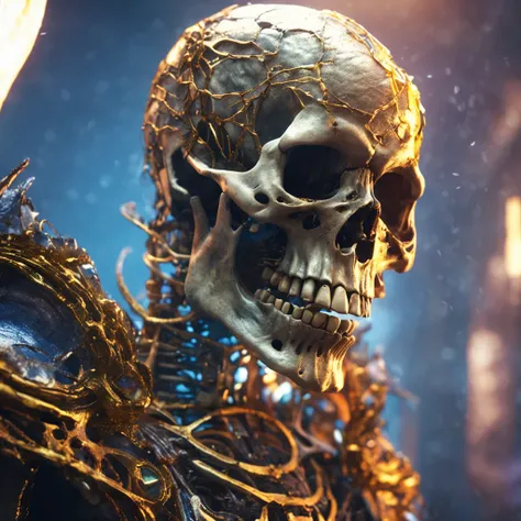 Movie scene, close-up shot of the half-length of the skeleton mage, he is wearing a blue robe, (bright gold head ring: 2), rotted to the point where only the skeleton remains, releasing death ripples, distorted space, the background is distorted undead, th...