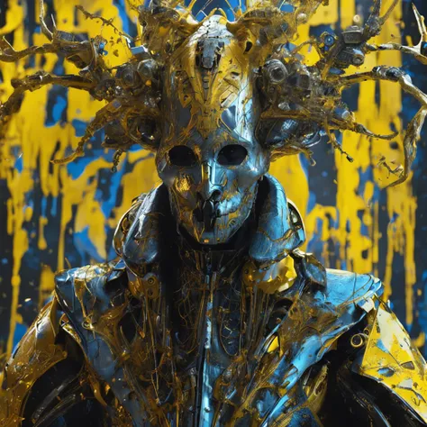 1man, good shape, a surreal paint splatter painting of the kinginyellow wearing a cloak and a mask, antlers, crown, cosmic background, gold and white and black color scheme, a bad woman in a futuristic suit with a ((skeleton head)) ((which disintegrates)),...