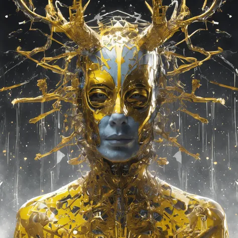 1man, good shape, a surreal paint splatter painting of the kinginyellow wearing a cloak and a mask, antlers, crown, cosmic background, gold and white and black color scheme, a bad woman in a futuristic suit with a ((skeleton head)) ((which disintegrates)),...