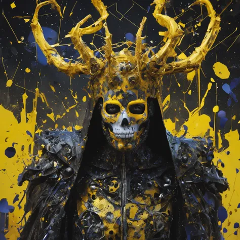 1man, good shape, a surreal paint splatter painting of the kinginyellow wearing a cloak and a mask, antlers, crown, cosmic background, gold and white and black color scheme, a bad woman in a futuristic suit with a ((skeleton head)) ((which disintegrates)),...