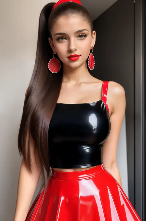 "Beautiful 14-year-old girl with a long brunette ponytail, wearing a latex skirt and a puffed red top dress. She has long red nails, red earrings, red lips, and red high heels."