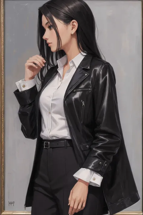 Oil painting woman wearing a stylish black jacket