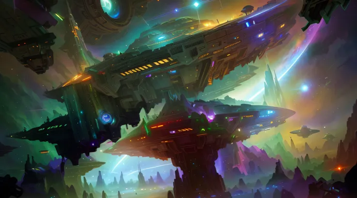 spaceships flying over a futuristic city with a mountain in the background, epic fantasy sci fi illustration, sci-fi fantasy wallpaper, sci-fi digital art illustration, sci fi artwork, alien space ships, detailed sci-fi art, epic scifi fantasy art, sci fi ...