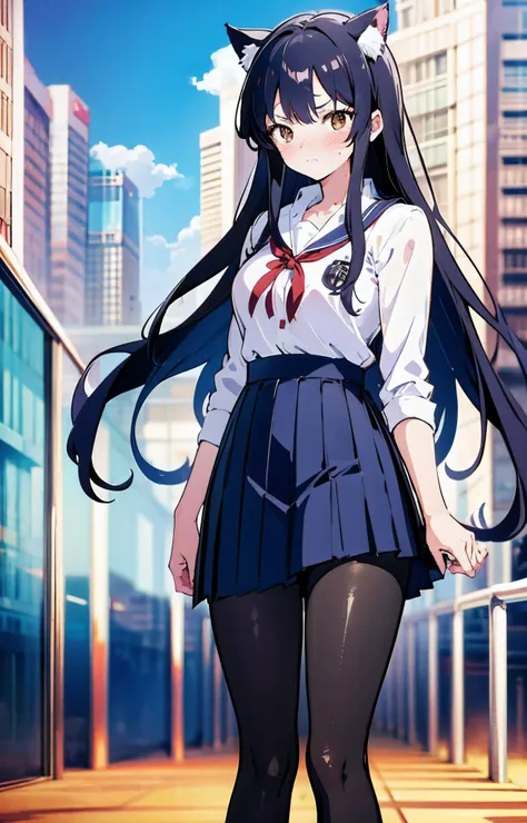 anime girl, alone, black hair, headband, animal ears, cat ears,, seifuku, pleated skirt, pantyhose, embarrassed, clear sky, skyscrapers, tokyo, shibuya, cars, traffic, clouds, blue sky