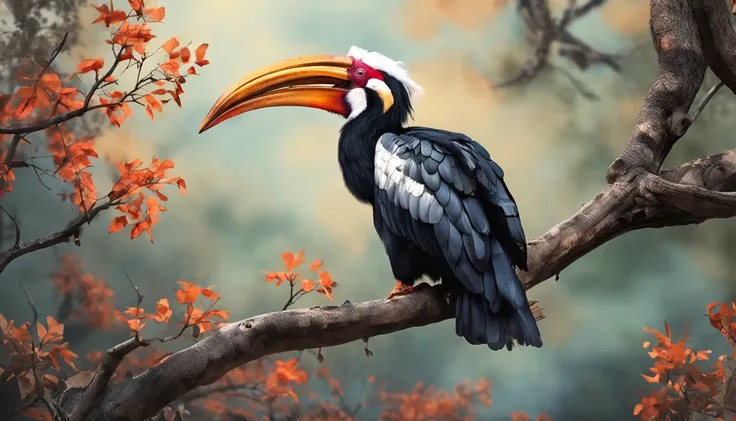 A hornbill comes to life perched on a tree branch，Traditional watercolor hand-painted style。