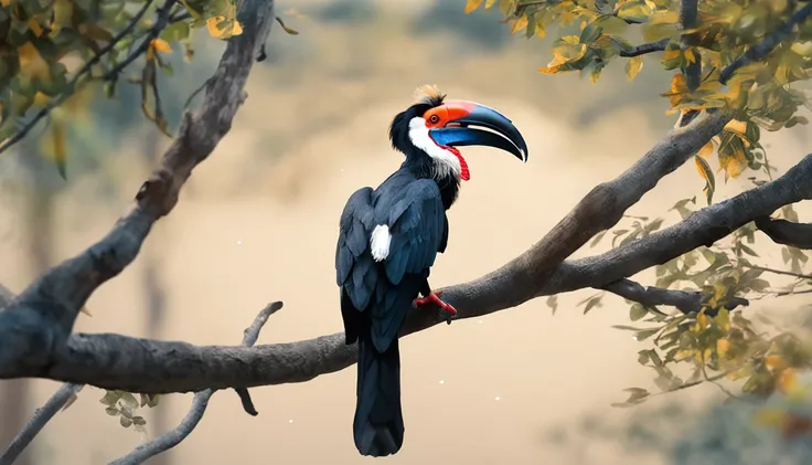 A hornbill comes to life perched on a tree branch，Traditional watercolor hand-painted style。