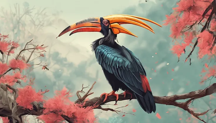 A hornbill comes to life perched on a tree branch，Traditional watercolor hand-painted style。