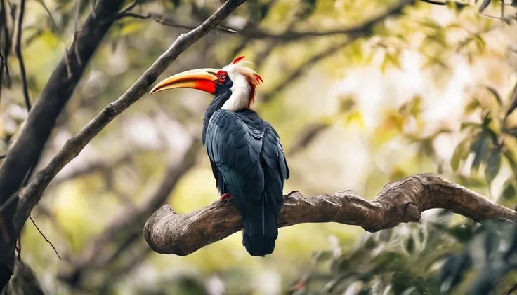 A hornbill comes to life perched on a tree branch，Traditional watercolor hand-painted style。