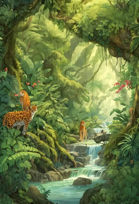 Digital illustration, Detailed and intricate, The dense jungle is full of exotic plants and animals, Sunlight shines through the canopy，Produces a mottled effect. In the style of Yoshitaka Amano and Hayao Miyazaki, Masterpiece, Proportional, Detailed, tren...