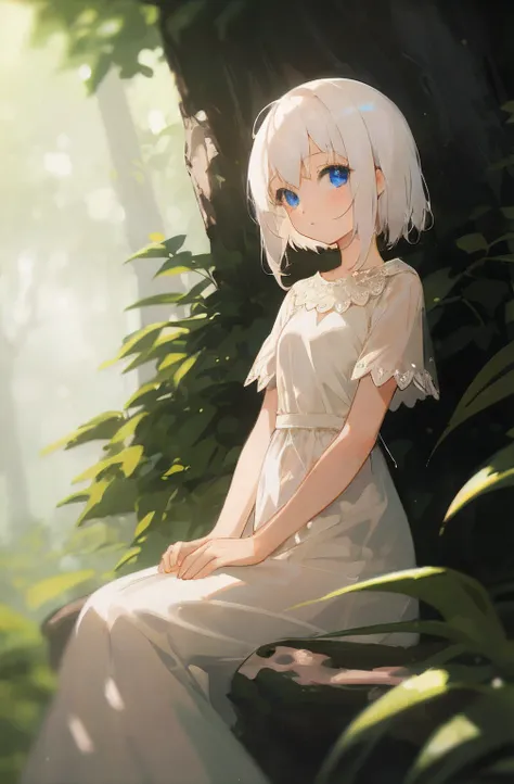 (Masterpiece , high quality) , young girl , white hair , blue eyes , beige skin , in nature , light blur , simple white dress , sitting , kindly staring at a viewer, hands on her thighs