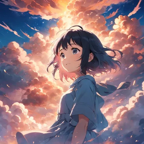 masterpiece, best quality, movie still, 1girl, cloud girl, floating in the sky, close-up, bright, happy, warm soft lighting, sunset, (sparks:0.7)