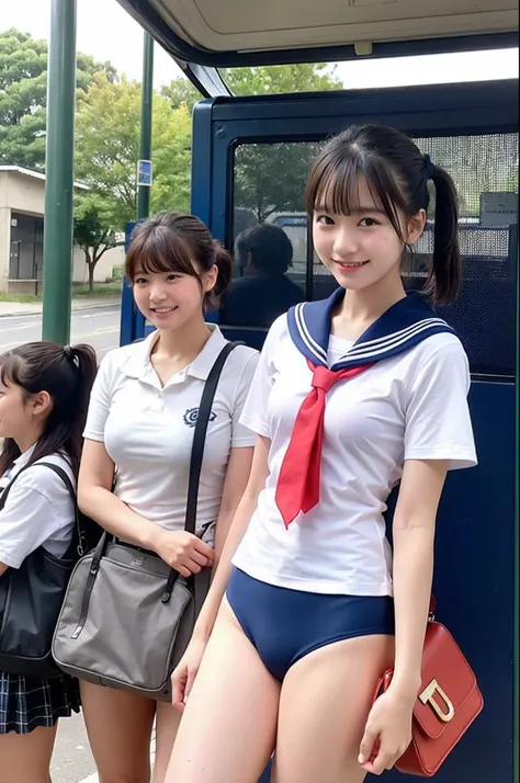 girl standing at crowded bus-stop,sailor school swimsuit,red tie,small school bag,18-year-old,bangs,a little smiles,thighs,knees,crotch,short cut hair,ponytail,from below