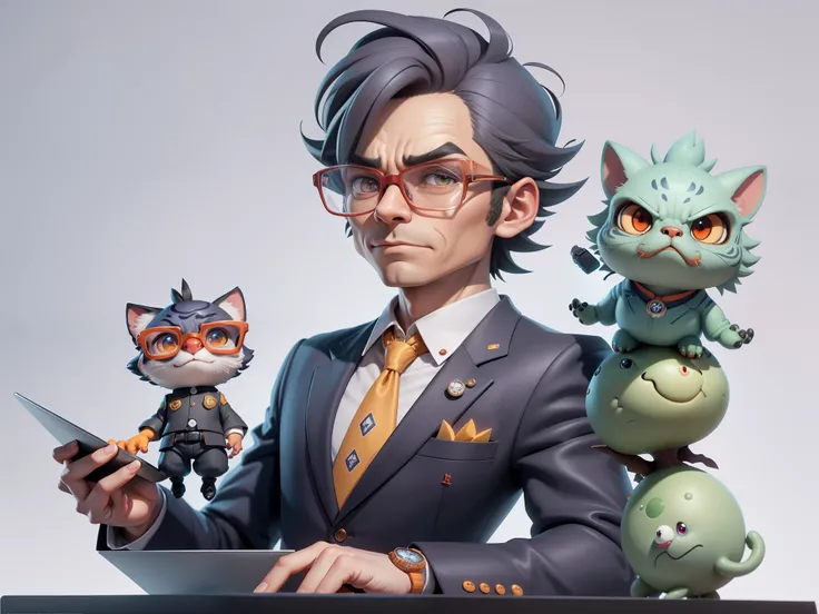 A young man in a suit, Short hair and glasses sat at his desk，holding laptop，digitial painting，tigre，3D character design by Mark Clairen and Pixar and Hayao Miyazaki and Akira Toriyama，4K HD illustration，Very detailed facial features and cartoon-style visu...