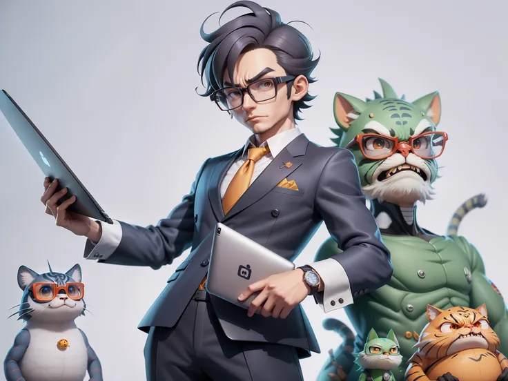 A young man in a suit, Short hair and glasses sat at his desk，holding laptop，digitial painting，tigre，3D character design by Mark Clairen and Pixar and Hayao Miyazaki and Akira Toriyama，4K HD illustration，Very detailed facial features and cartoon-style visu...