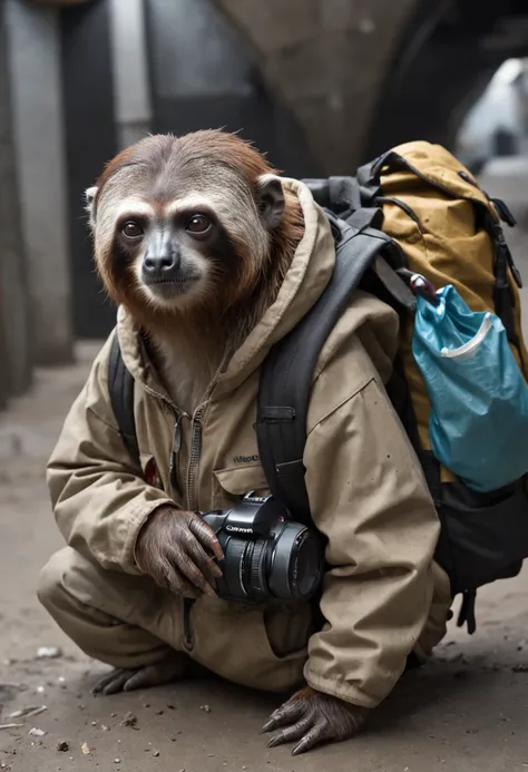 sloth in a scavenger clothes, with a backpack and carrying foods, hyper realistic art, inside a post-apocalyptic subway with pile of trash on the background