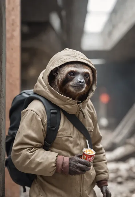 sloth in a scavenger clothes, with a backpack and carrying foods, hyper realistic art, inside a post-apocalyptic subway with pile of trash on the background