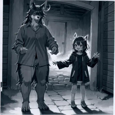 highres, unparalleled masterpiece, absurdres, love story of human Child girl and giant Werewolf, pair, Height difference, Physical difference, perfect anatomy, smile, joyful, play with, smile, happy, facial expressions, full body,