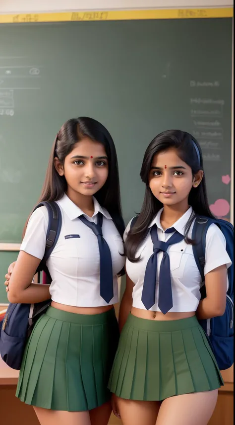 Two adult indian girls in a mini skirt schoo uniform, standing in classroom, big boobs, backpack on shoulder