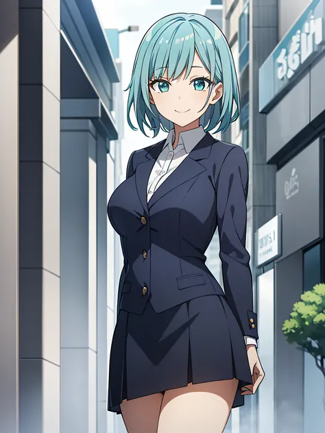 1 girl, short sky blue hair, have bangs, emerald green eyes, wear navy blue suit, navy blue A-line skirt, detailed face, looking at viewer, big smile (masterpiece, best quality)