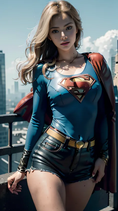 Beautiful woman with wavy blonde hair, delicate and charming blue eyes, Thigh notch, Sexy long legs, t-shirt in small shorts，Superman letter S, Cute futuristic cyberpunk + City, Mist, Damp, rain, Best quality masterpiece, Realistic, Detailed, 8K, hdr, Shal...