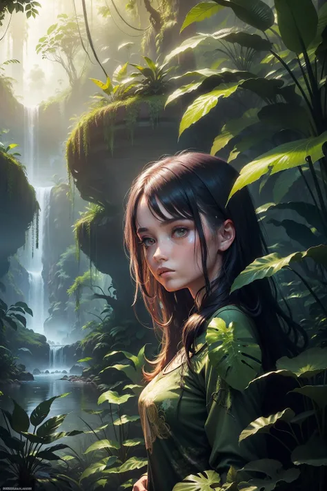 1girll，Lateral face，There are waterfalls and trees, From the depths of the jungle of another world, fantasy jungle, art nouveau jungle environment, deep jungle texture, jungle setting, eerie jungle, Alien jungle, overgrown jungle environment, beautiful jun...