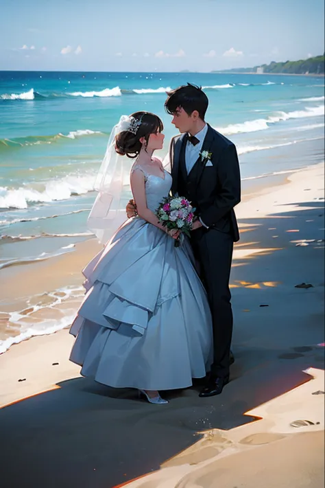 wedding photo，beachside，light wind，Real Human，Real Scene