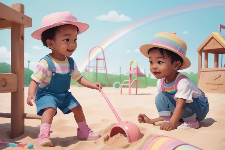 In a pastel-colored playground, a child with a rainbow-striped hat and overalls discovers a hidden treasure buried in the sandbox, their face a picture of unbridled excitement and curiosity.