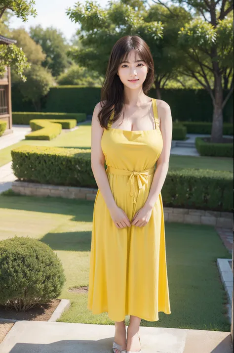 ((top-quality、​masterpiece、photographrealistic:1.4、in 8K))、beautiful japanese female１a person、28 instars、delicate and beautiful face、Eyes and faces with detailed、(very very gigantic boobs:1.2)、（yellow apron:1.3）、（Standing in the garden of the house）、(Full ...