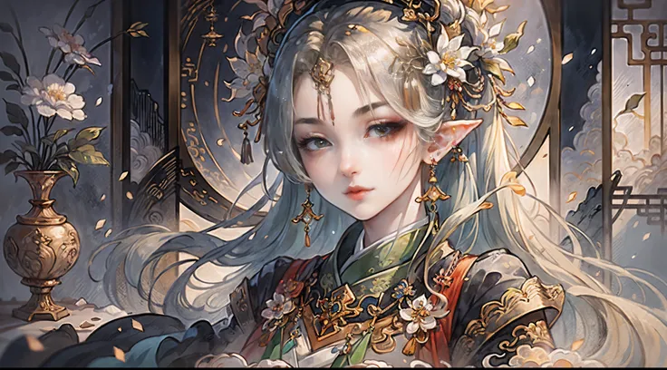 Illustration scenes，Best quality, Masterpiece:1.2), (offcial art, Extreme detail), cinematic compositions，full bodyesbian,A goddess, Chinese costume, Hanfu, Headwear, Hair accessories, Earrings, jewelry,Fairyland on earth, Soft light, Tradition Chinese Ink...