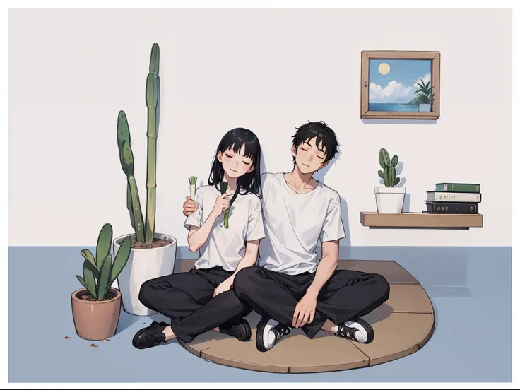 (bestquality), highlydetailed, ultra-detailed, 1boy, 1girl, bamboo, black footwear, black hair:1.3, black pants, book, border:white border:0.5, cactus, closed eyes, grey shirt, leaf, long hair, palm tree, pants, plant:potted plant, shirt:white shirt, shoes...