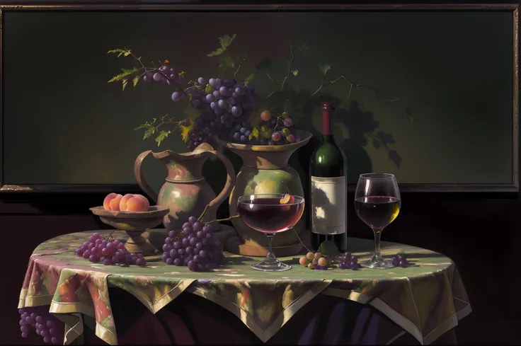 ((Oil painting1.5)) Two cups of wine, a peach, red grapes, green grapes, wood table, still life, chiaroscuro, impasto.