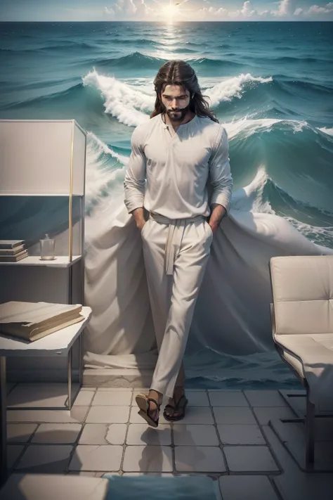 Real Jesus flying on sky with a flying cloud in the background, Jesus walking on water, biblical illustration, epic biblical representation, forcing him to flee, coming out of the ocean, ! holding in hand!, disembarking, god of the ocean, beautiful represe...