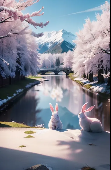 Raw photo, White rabbit, The background is a vast mountain, cherry trees、Looks cool rabbit assertive