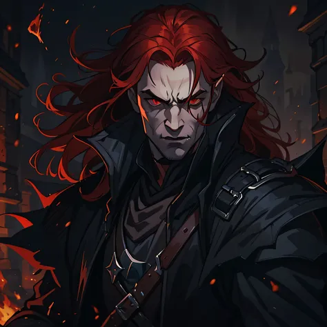 A handsome man with long red hair and red eyes like a king of dragons in a dark castle of dark black rocks he is wearing clothes of a dark and elegant king as a bloodthirsty villain is the villain of an RPG is wearing dark medieval clothes Use dark shades ...