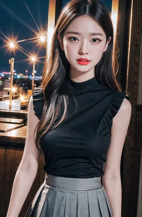 8K、Downtown at night、restaurant、​masterpiece、top-quality、超A high resolution、(Photorealsitic:1.4)、beautiful  lighting、Raw photography、8K UHD、hyperdetailed face、Realistic lightning、beautiful a girl、Sweet girl、((Wearing a black sleeveless shirt and gray pleat...